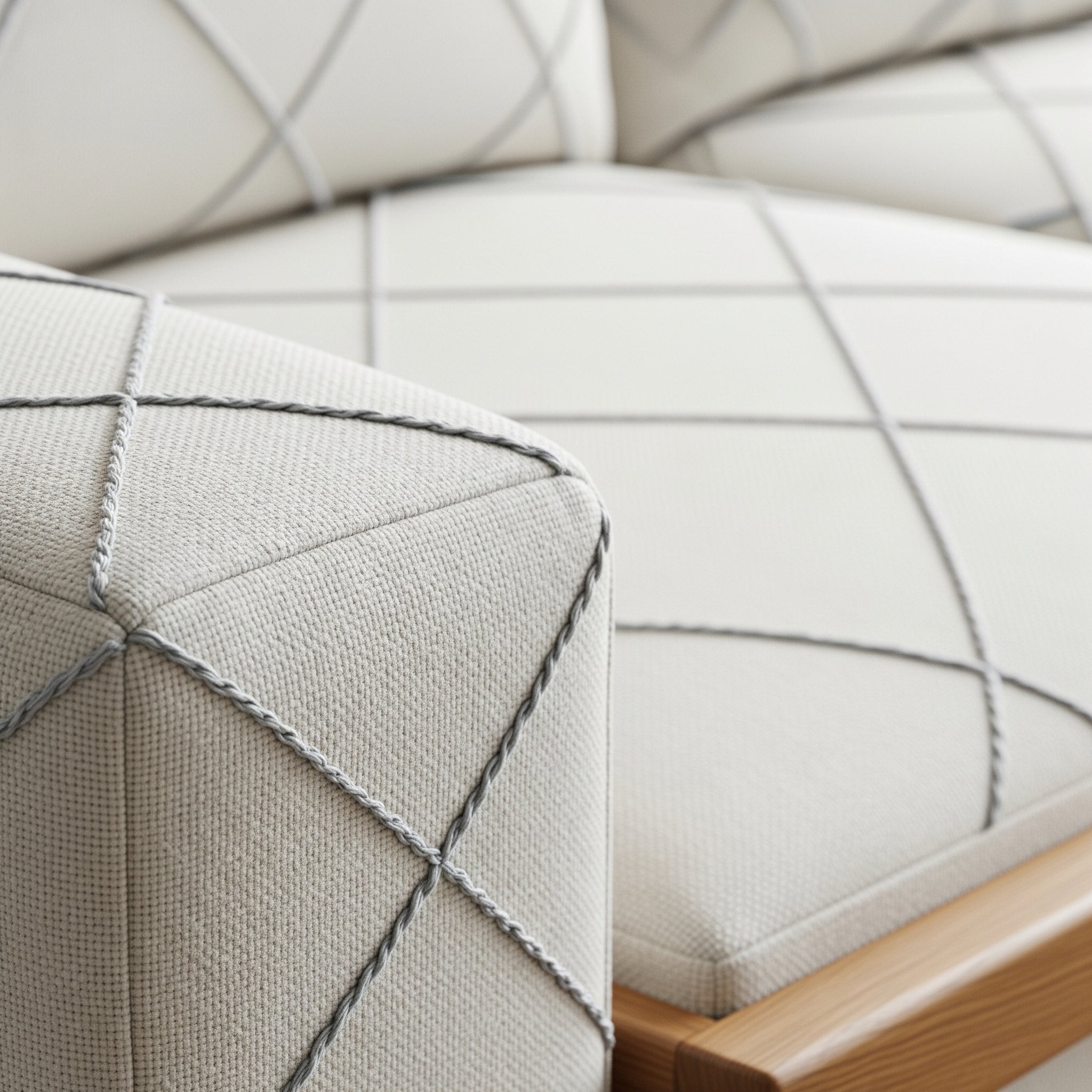 Close-up of a quilted fabric surface with geometric pattern and wooden edge.