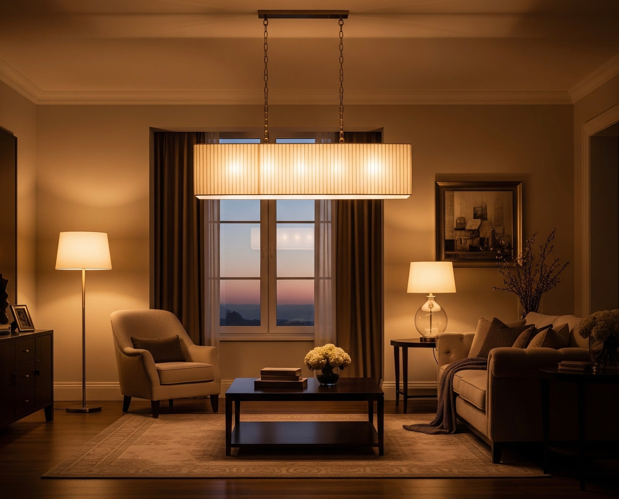 Cozy living room with modern decor, including a chandelier, sofa, armchair, and floor lamp.