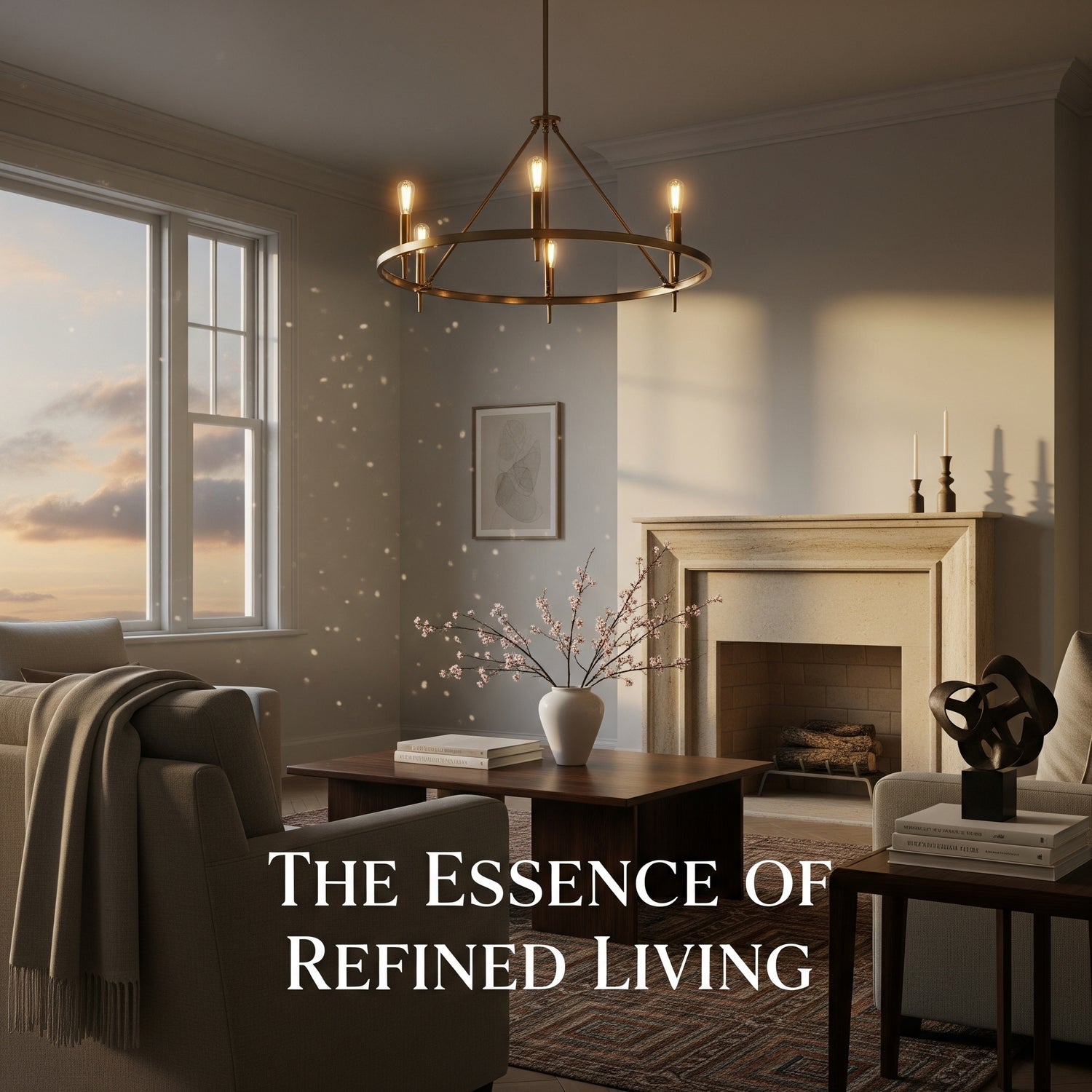 Living room with a chandelier, fireplace, and decor elements, featuring text 'The Essence of Refined Living'.