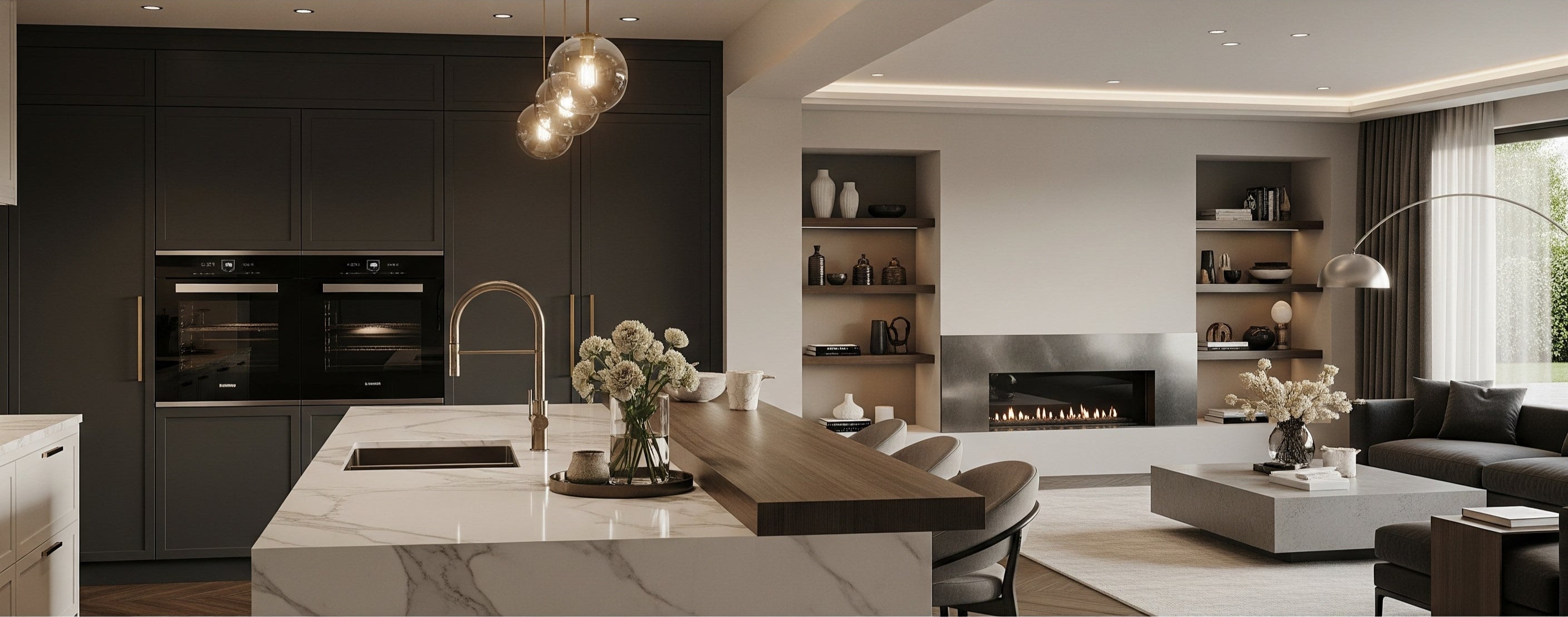 Modern kitchen with marble island, black appliances, and living area.